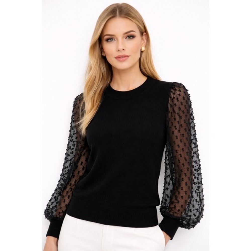 Les Serein‎ Black Knit Sweater Sheer Mesh Clip Dot Puff Sleeve Top Size XS NWT